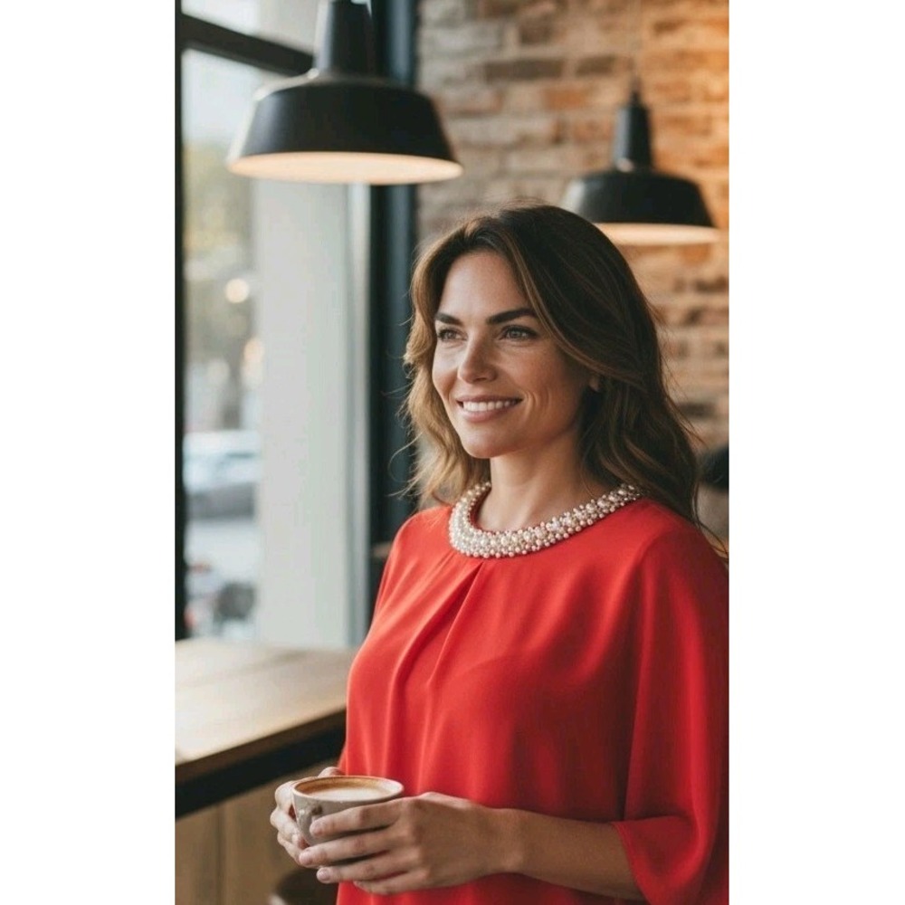 VTG Tovia Red 3/4 Bell sleeve Jewels Crew Neck Pearls Diamond SZ 2xl Blouse  Red